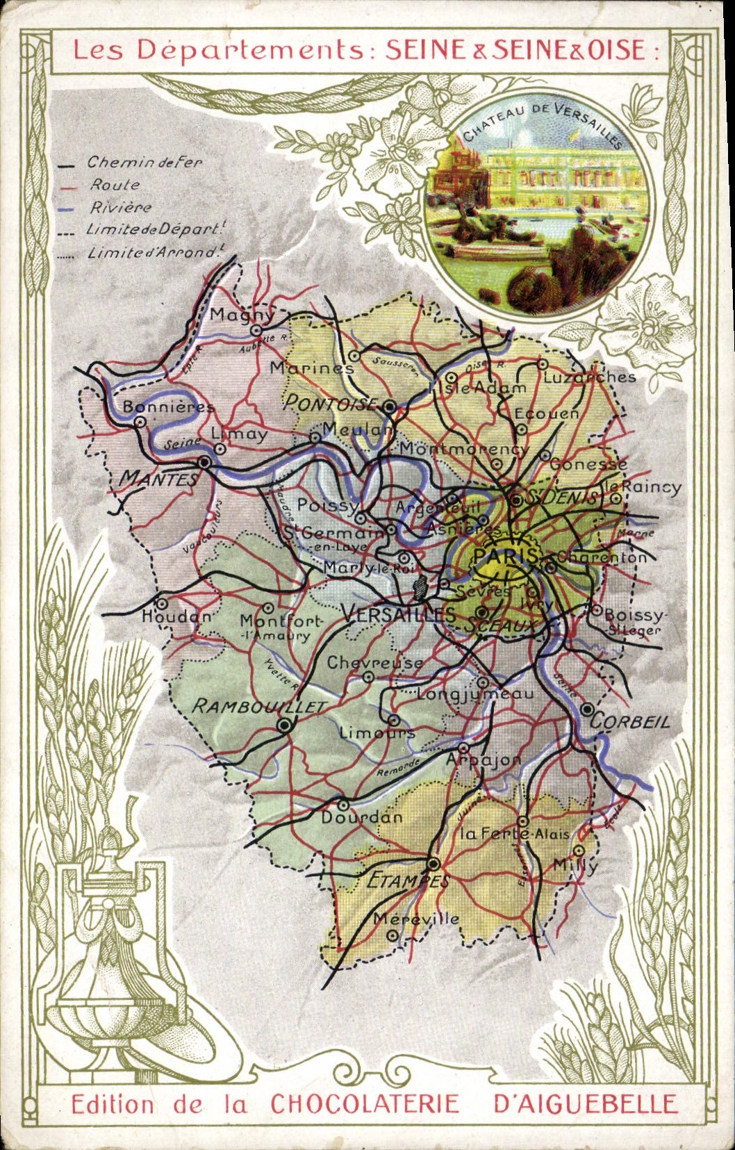 VINTAGE POSTCARD Geographical map Chocolate factory of Aiguebelle the Seine & the Seine & Oise