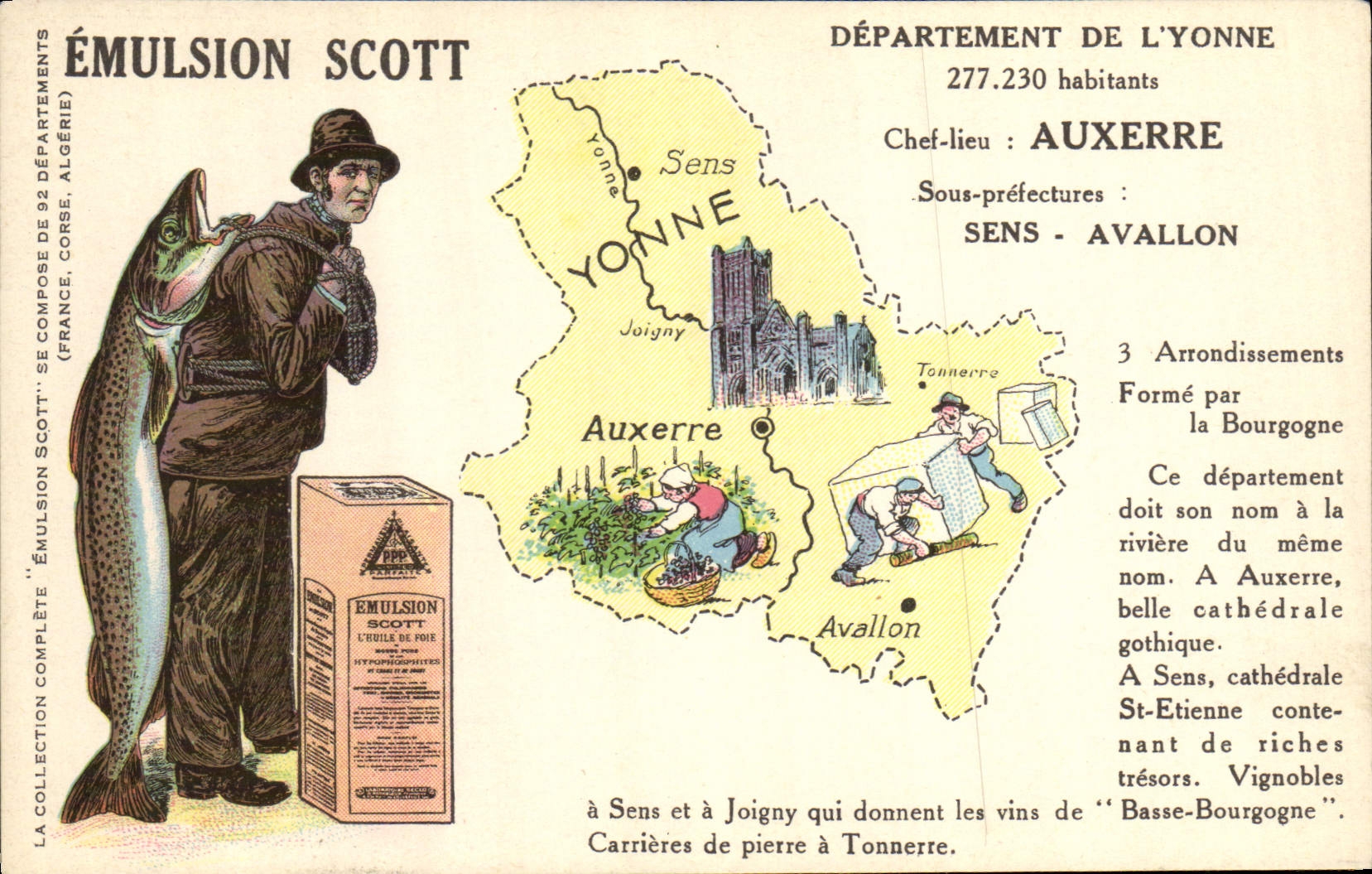 VINTAGE POSTCARD Geographical map Emulsion Scott Yonne Auxerre Poisson
