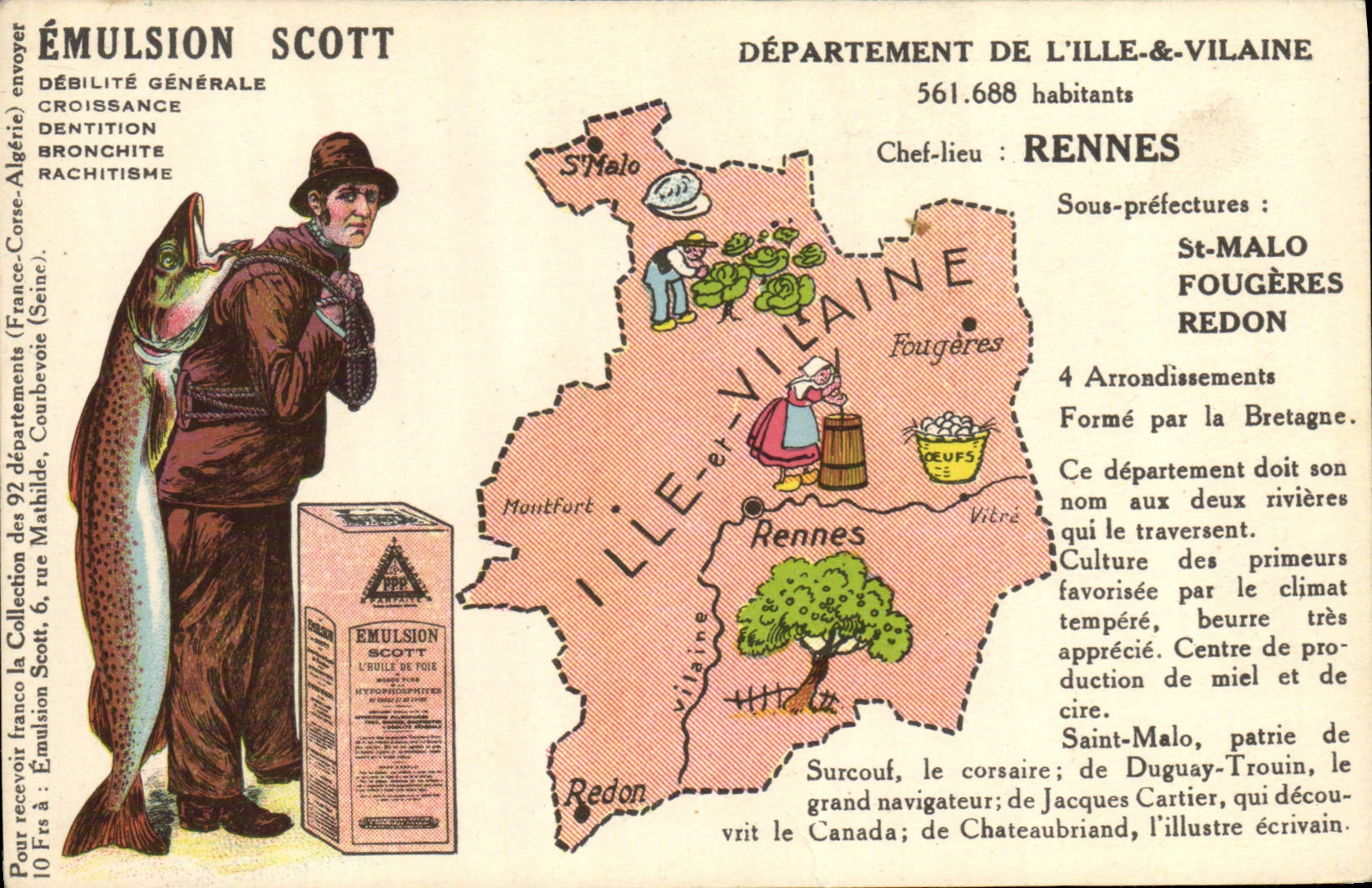 VINTAGE POSTCARD Geographical map Emulsion Scott Ille & Unpleasant Rennes Poisson