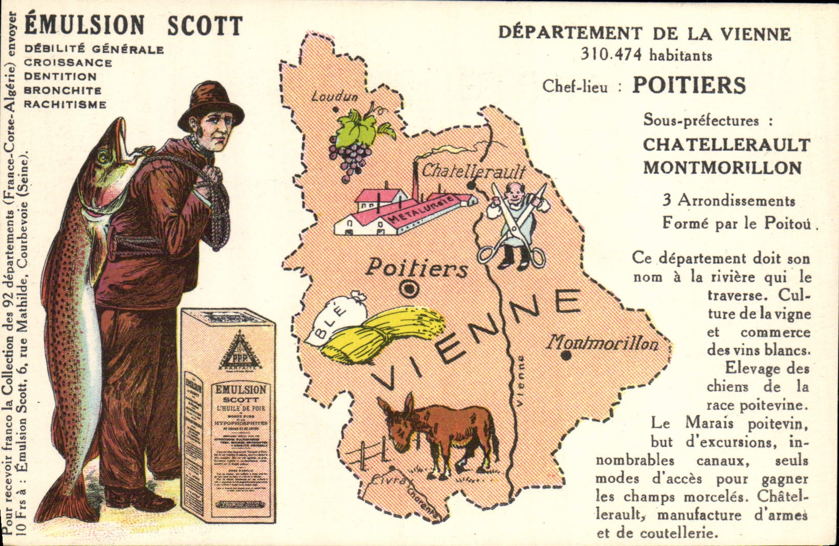 VINTAGE POSTCARD Geographical map Emulsion Scott Vienna Poitiers Poisson