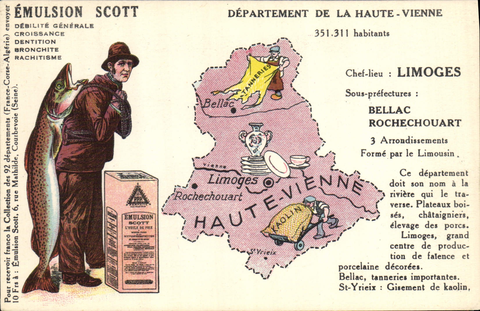 VINTAGE POSTCARD Geographical map Emulsion Scott High-Vienna Limoges Poisson