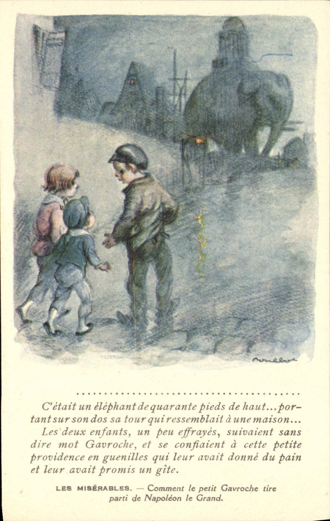 CPA Fantaisie Illustrateur Poulbot Victor Hugo Les Miserables Gavroche Napoleon le Grand Elephant