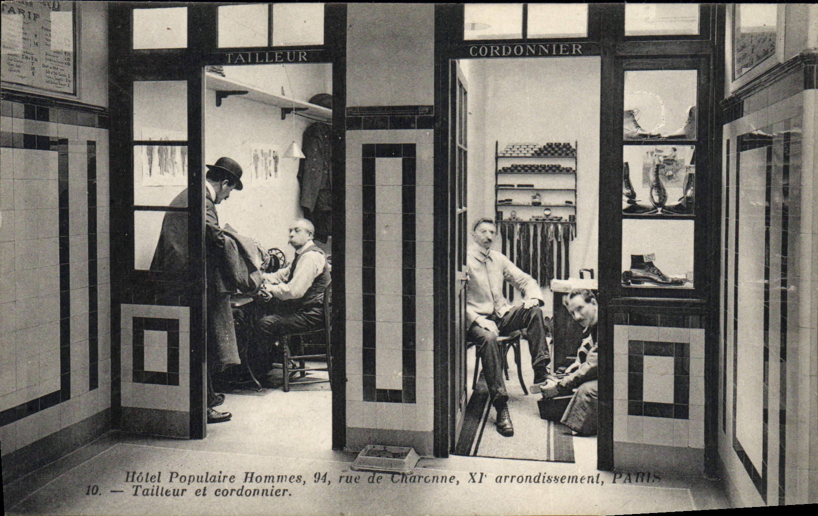 Calle popular de los hombres del hotel de la POSTAL de la VENDIMIA del sastre de Charonne París y de la TAPA más coordonnier