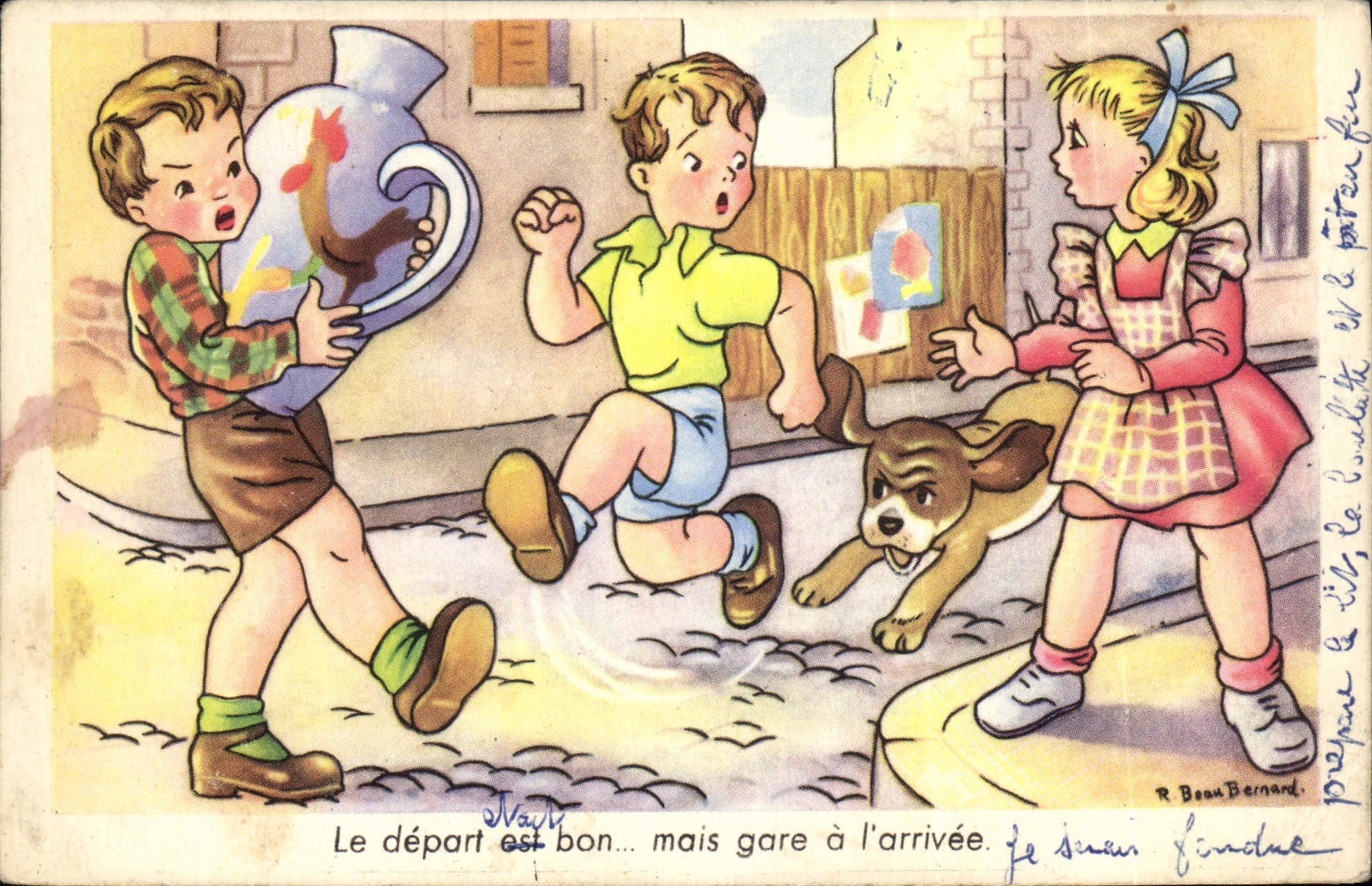 CPA Humour Enfants Chien
