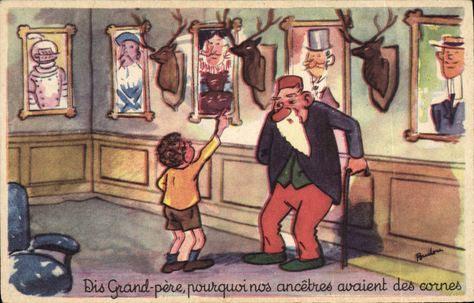 El niño del humor de la POSTAL de la VENDIMIA dice a padre grande porqué nuestros antepasados tenían cuernos
