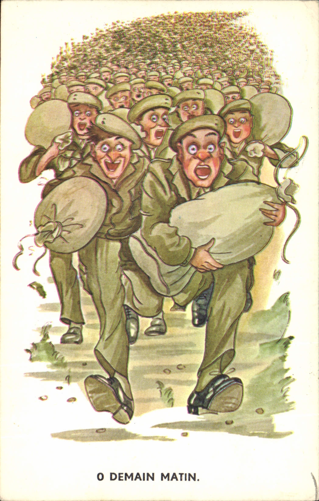 Soldado de Militaria del humor de la POSTAL de la VENDIMIA el mañana por la mañana