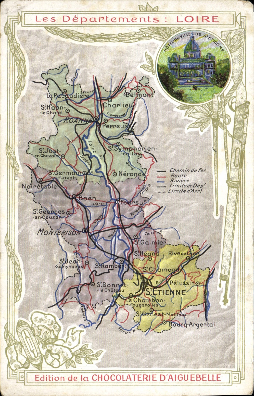 VINTAGE POSTCARD Geographical maps Chocolate factory of Aiguebelle the Loire St Etienne