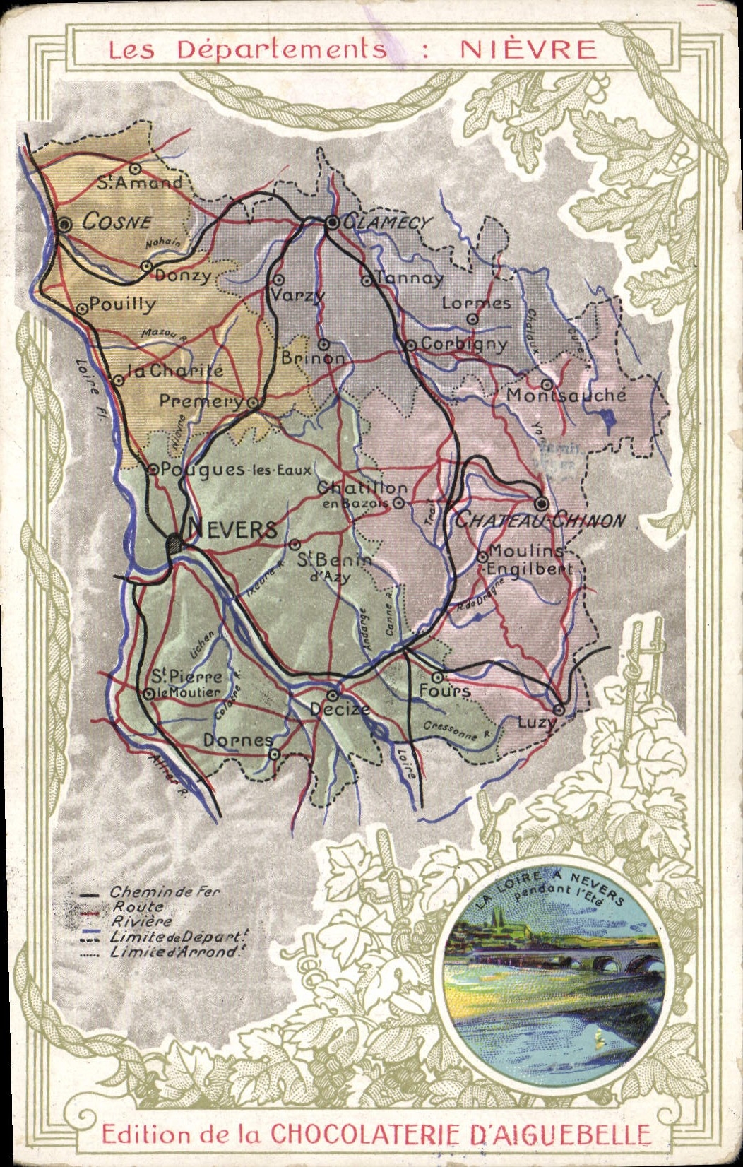 VINTAGE POSTCARD Geographical maps Chocolate factory of Aiguebelle Nievre Nevers