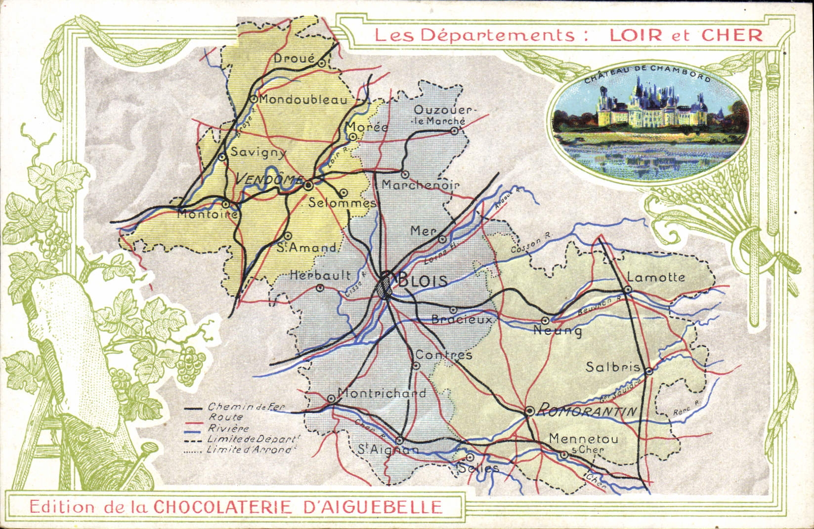 Fábrica geográfica del chocolate de los mapas de la POSTAL de la VENDIMIA de Dormouse de Aiguebelle y castillo querido de Chambord