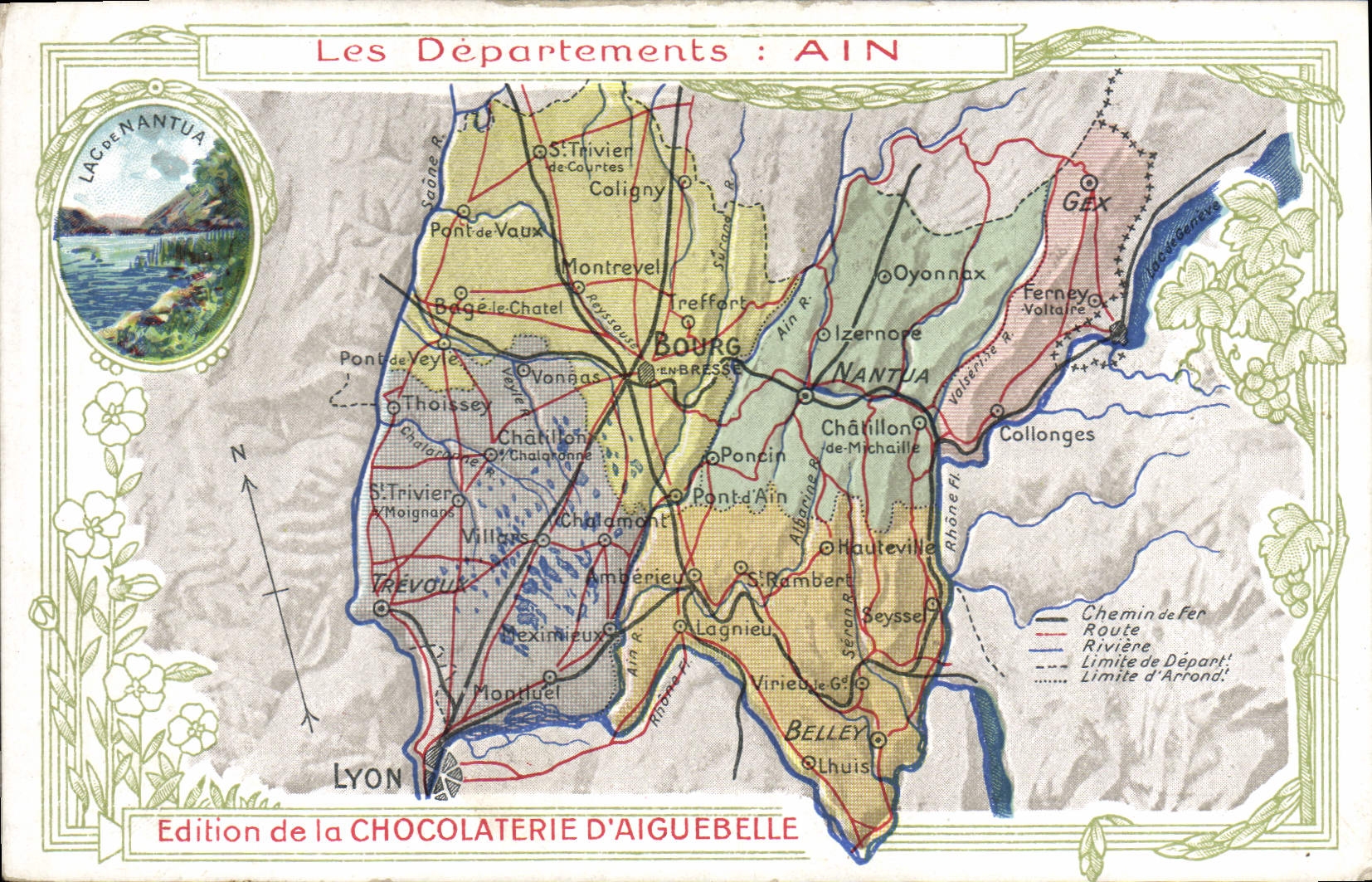 VINTAGE POSTCARD Geographical maps Chocolate factory of Aiguebelle Ain Lake Nantua