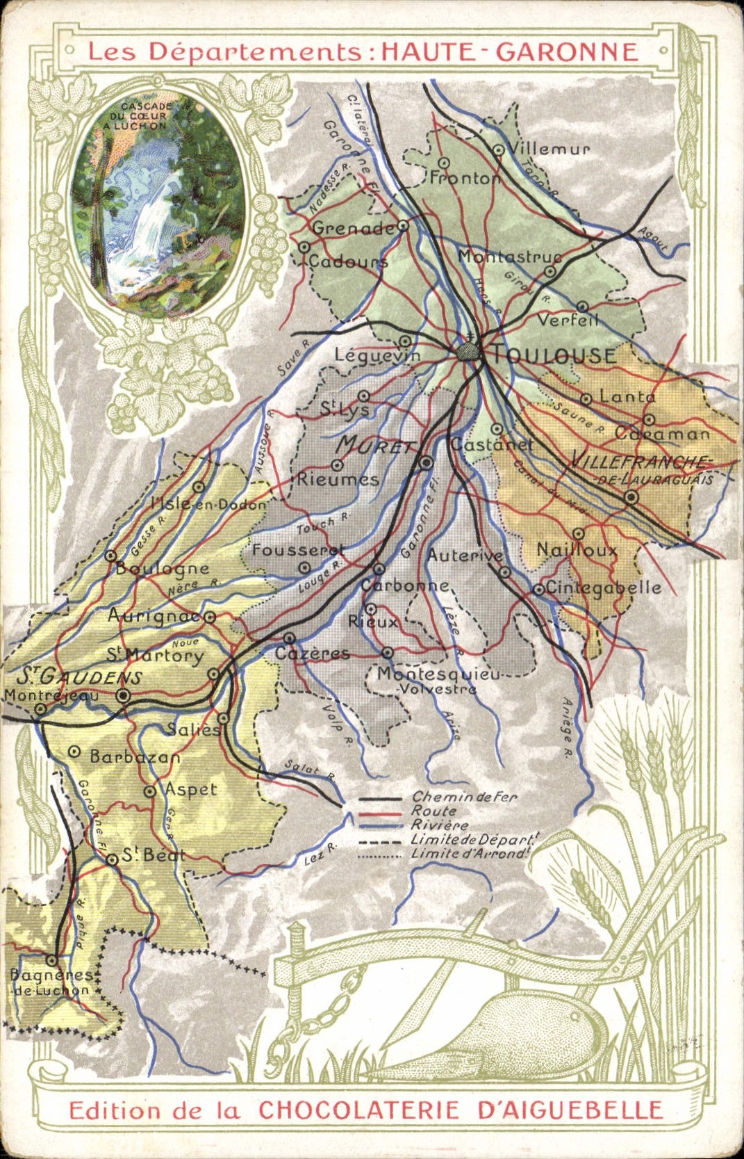 VINTAGE POSTCARD Geographical maps Chocolate factory of Aiguebelle the High Garonne Cascades of the heart of Luchon