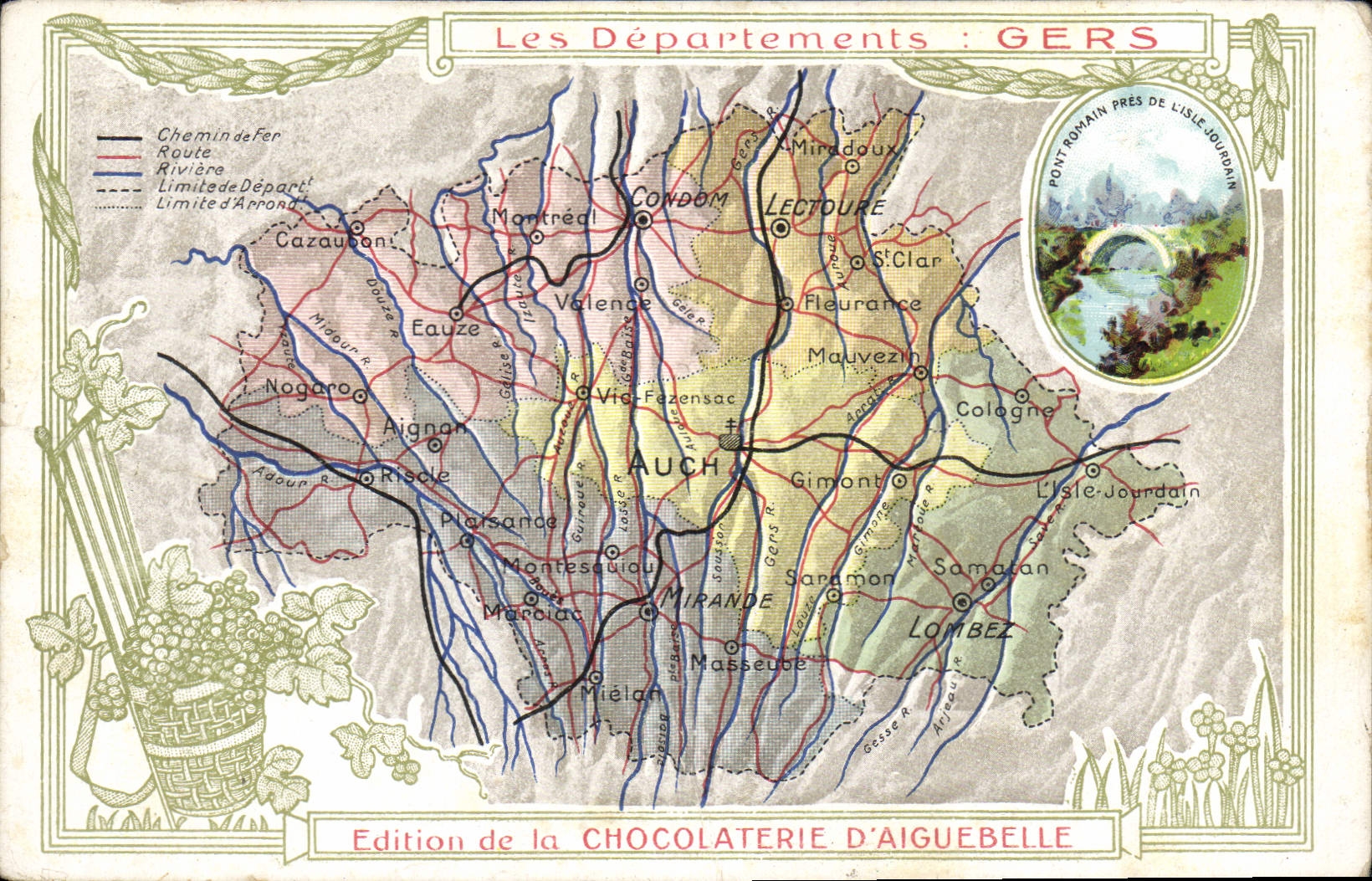 Fábrica geográfica del chocolate de los mapas de la POSTAL de la VENDIMIA de puente de Aiguebelle Gers Román cerca de la isla la Jordania