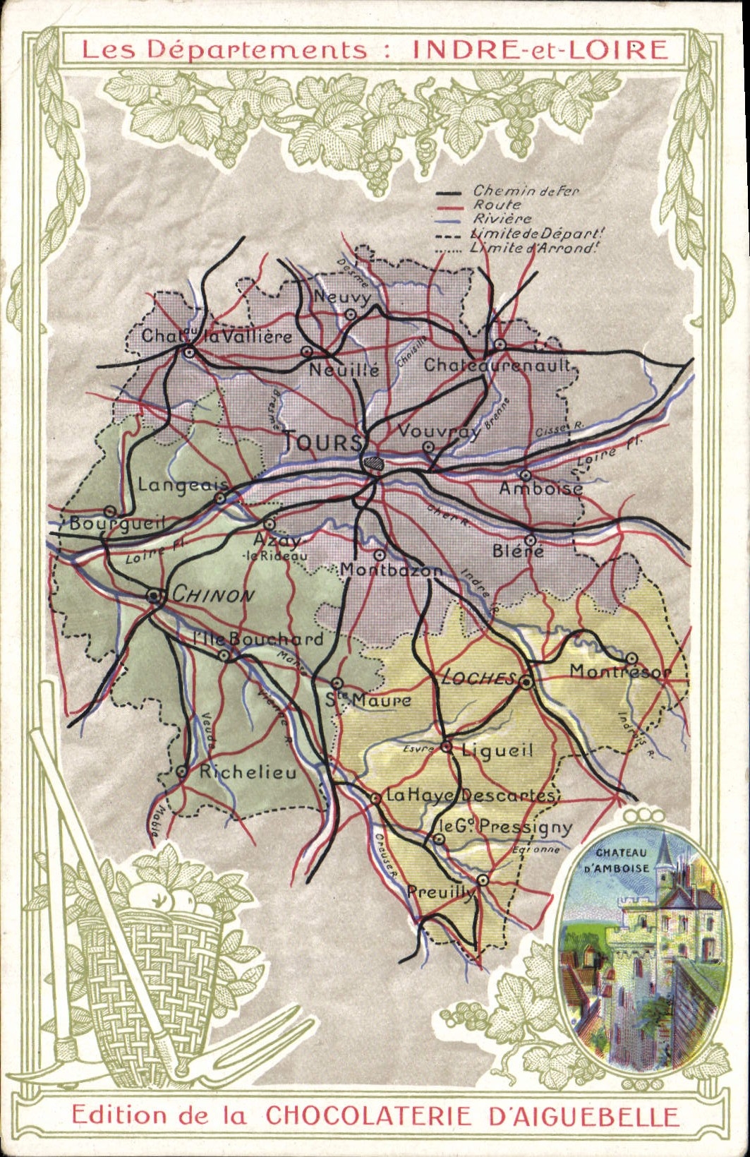VINTAGE POSTCARD Geographical maps Chocolate factory of Aiguebelle Indre and the Loire Castle of Amboise