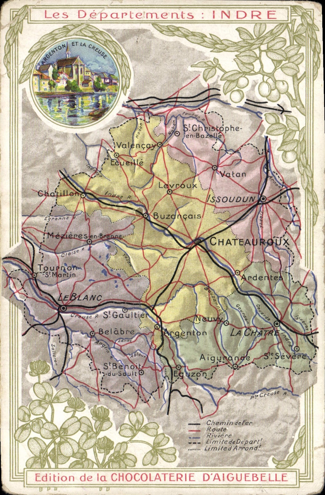 VINTAGE POSTCARD Geographical maps Chocolate factory of Aiguebelle Indre Nickle silver and the Hollow one