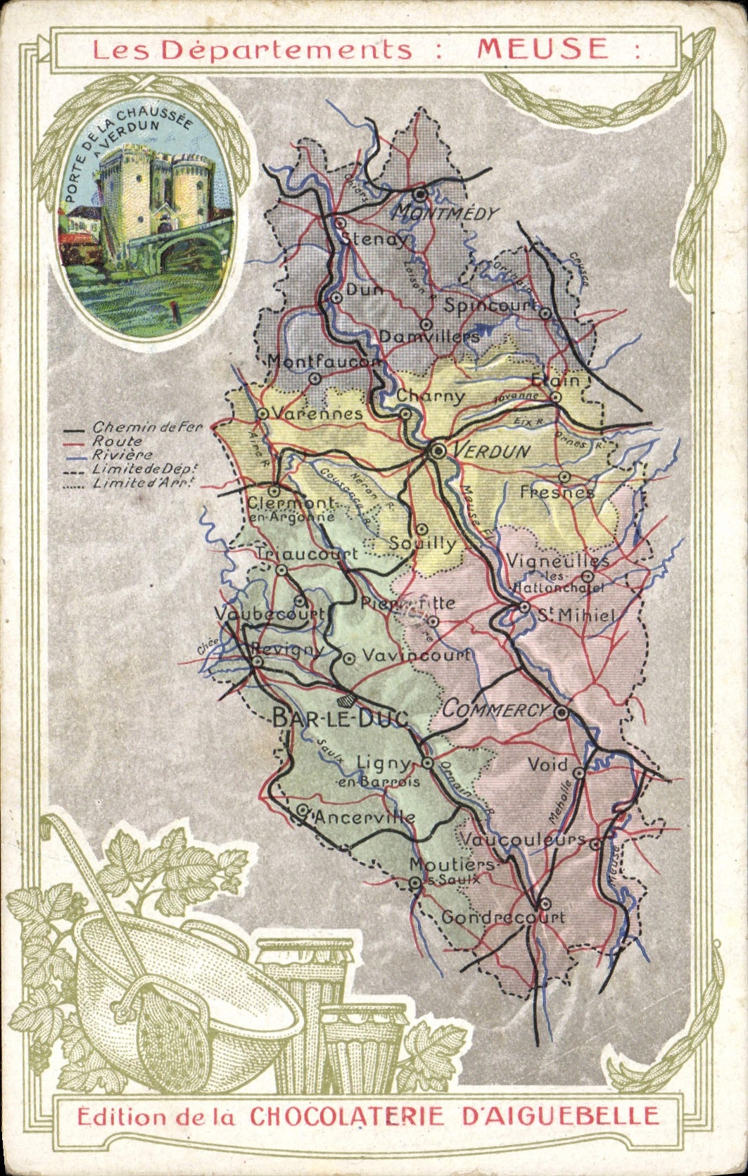 VINTAGE POSTCARD Geographical maps Chocolate factory of Aiguebelle Meuse Carries Verdun roadway