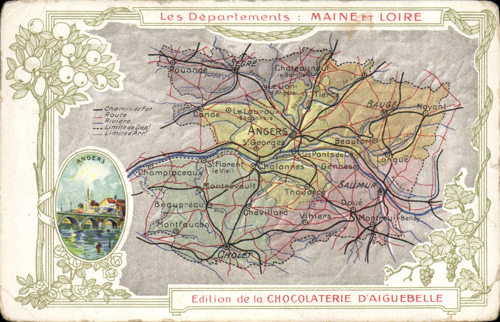 VINTAGE POSTCARD Geographical maps Chocolate factory of Aiguebelle Maine and the Loire Angers