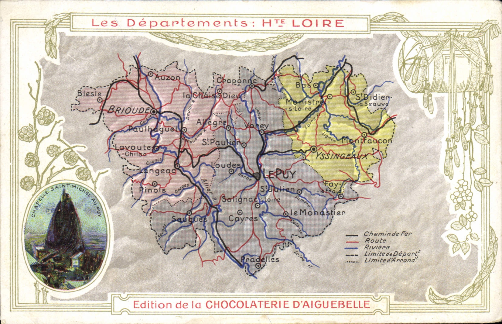 VINTAGE POSTCARD Geographical maps Chocolate factory of Aiguebelle the High Loire Vault Saint Michel in Puy