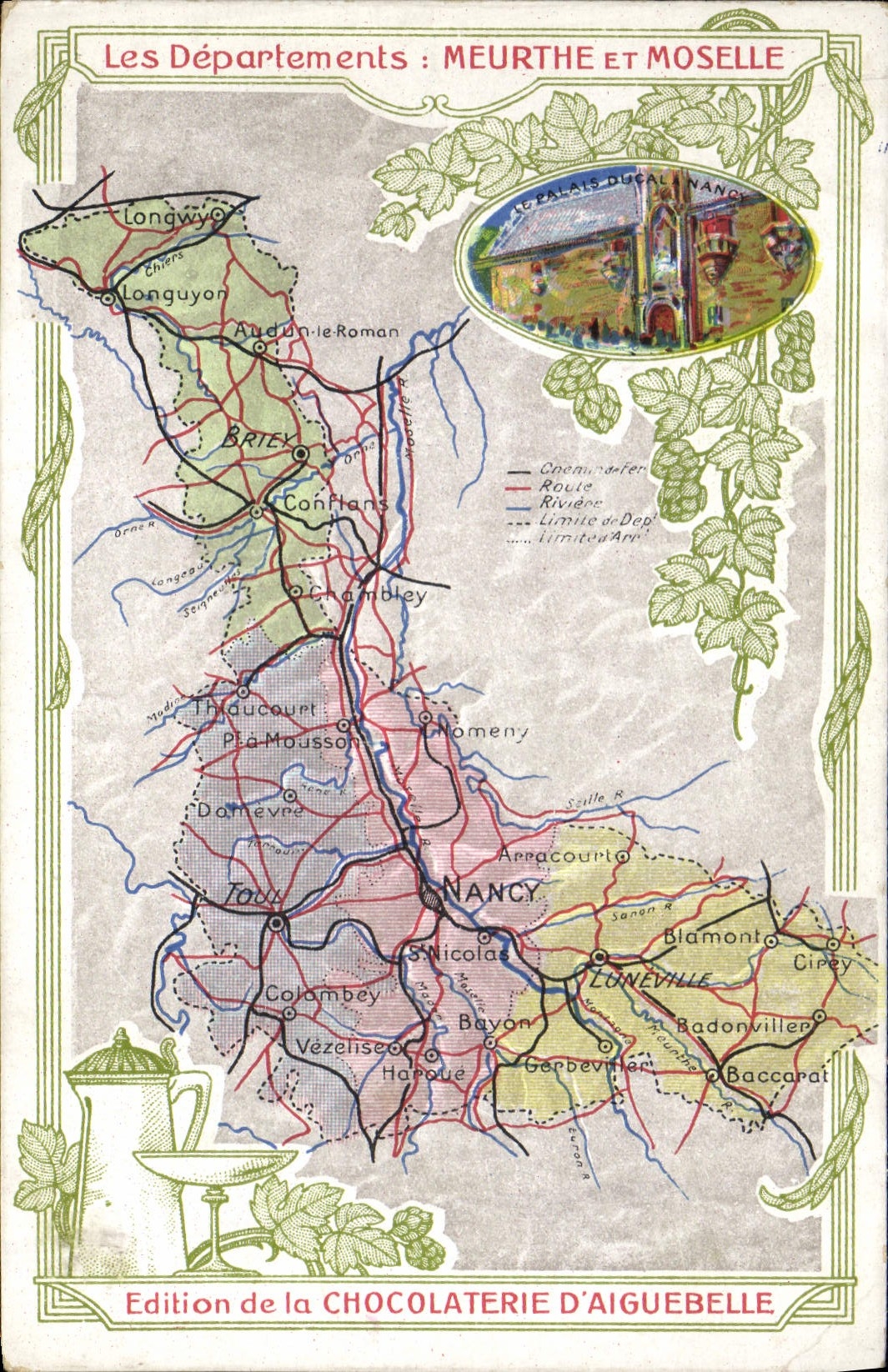 VINTAGE POSTCARD Geographical maps Chocolate factory of Aiguebelle Meurthe and the Moselle Nancy Palate