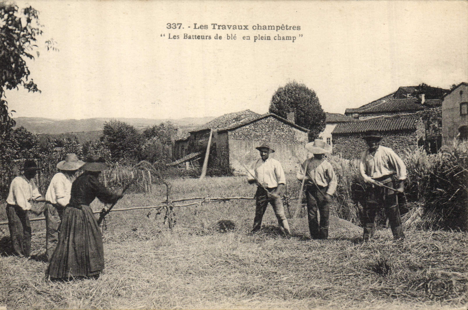 Batidores del maíz del trabajo pastoral del folklore de la POSTAL de la VENDIMIA en campo completo