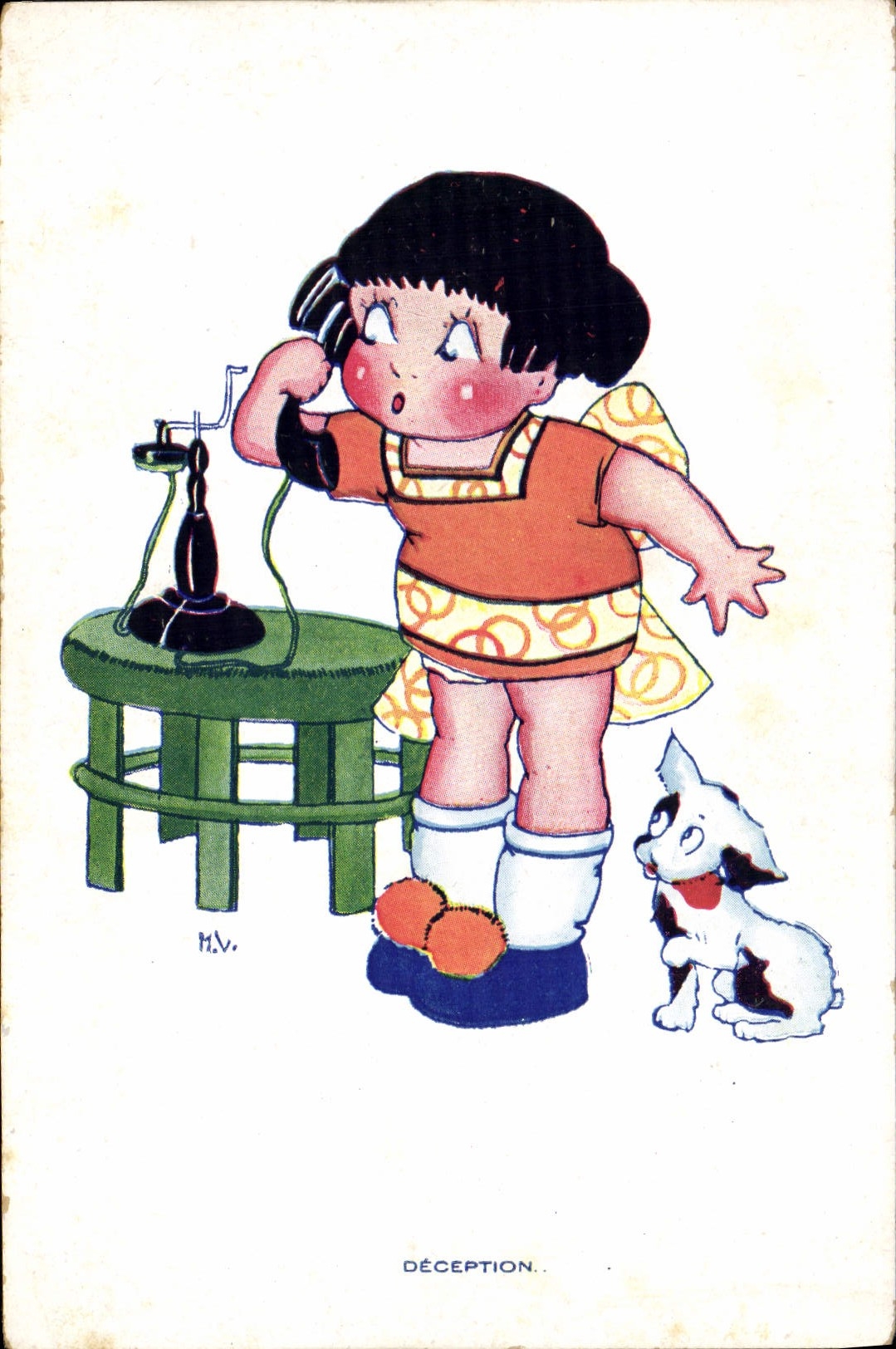 VINTAGE POSTCARD Fantaisie Telephones Child Dog Disappointment