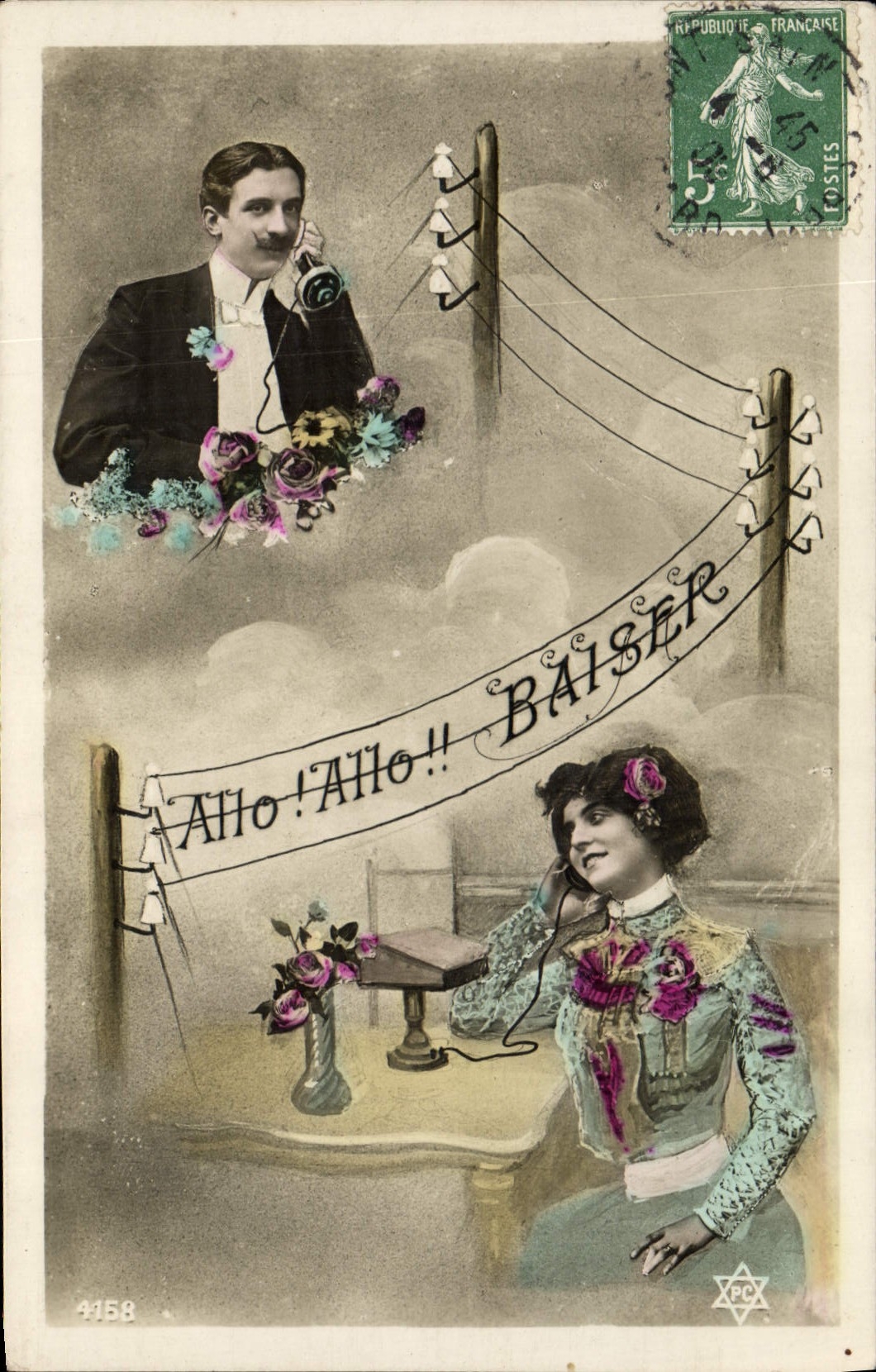 VINTAGE POSTCARD Fantaisie Telephones Woman Man