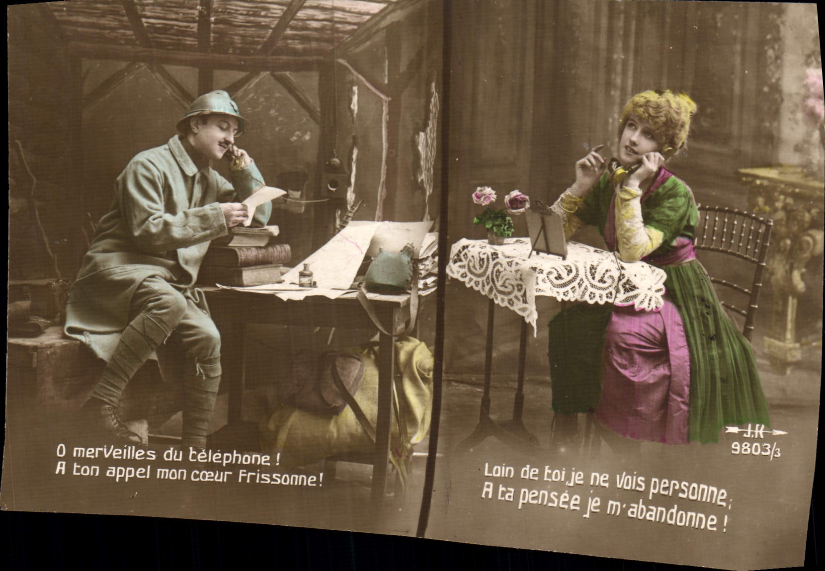 CPA Fantaisie Telephone Femme Soldat Militaria