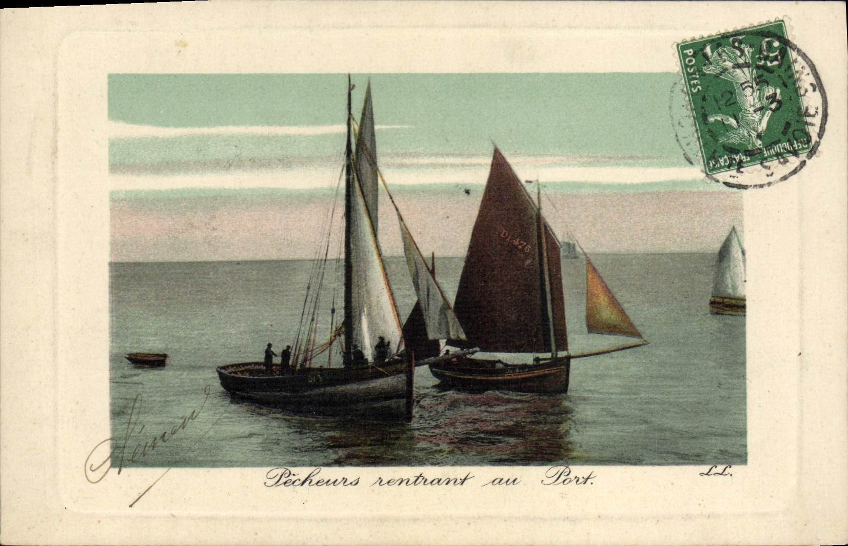 Pecadores del barco de la POSTAL de la VENDIMIA que vuelven al puerto