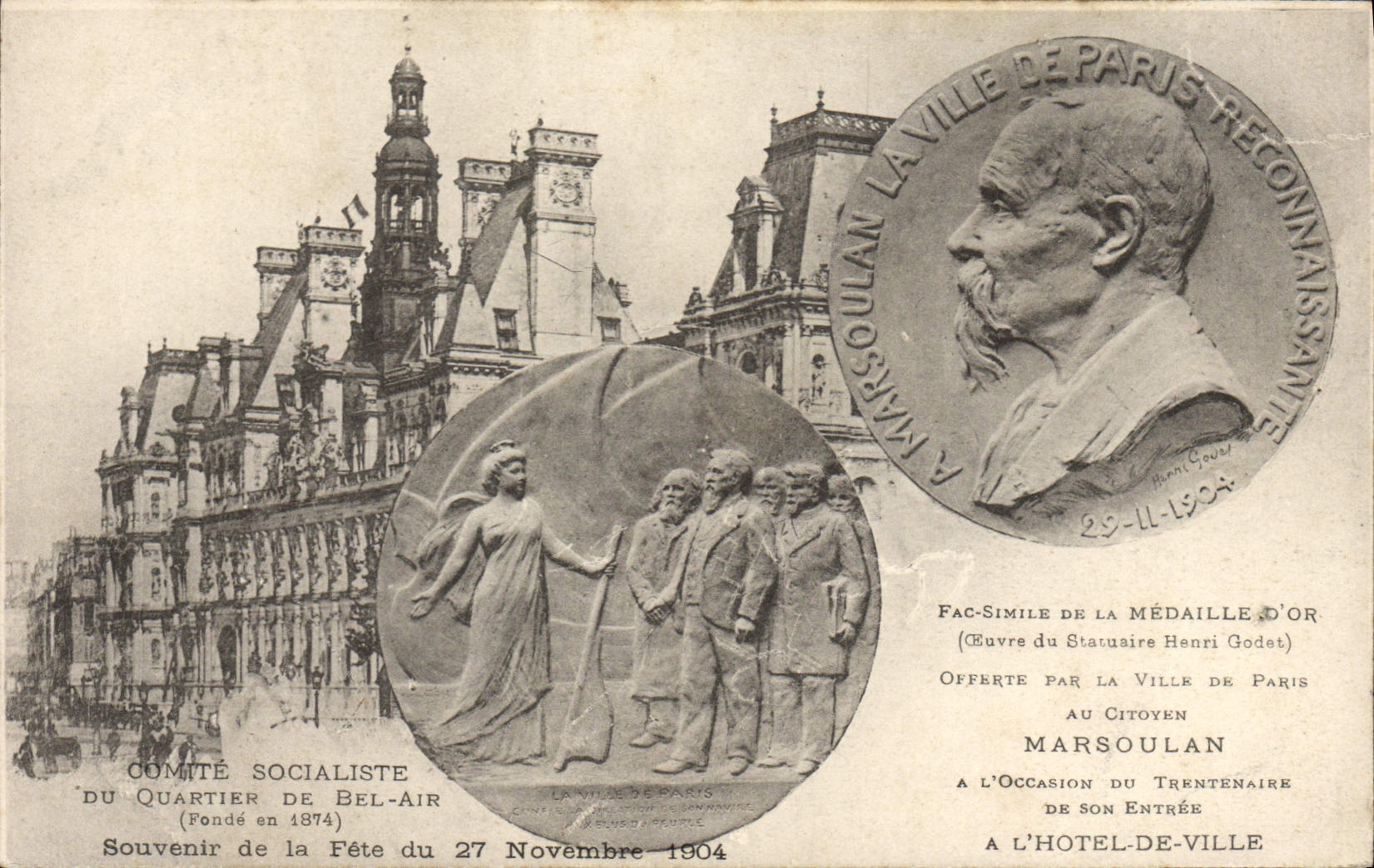 Comité socialista de la POSTAL de la VENDIMIA del recuerdo de Bel Air del districto del festival de la medalla de Marsoulan del 27 de noviembre de 1904