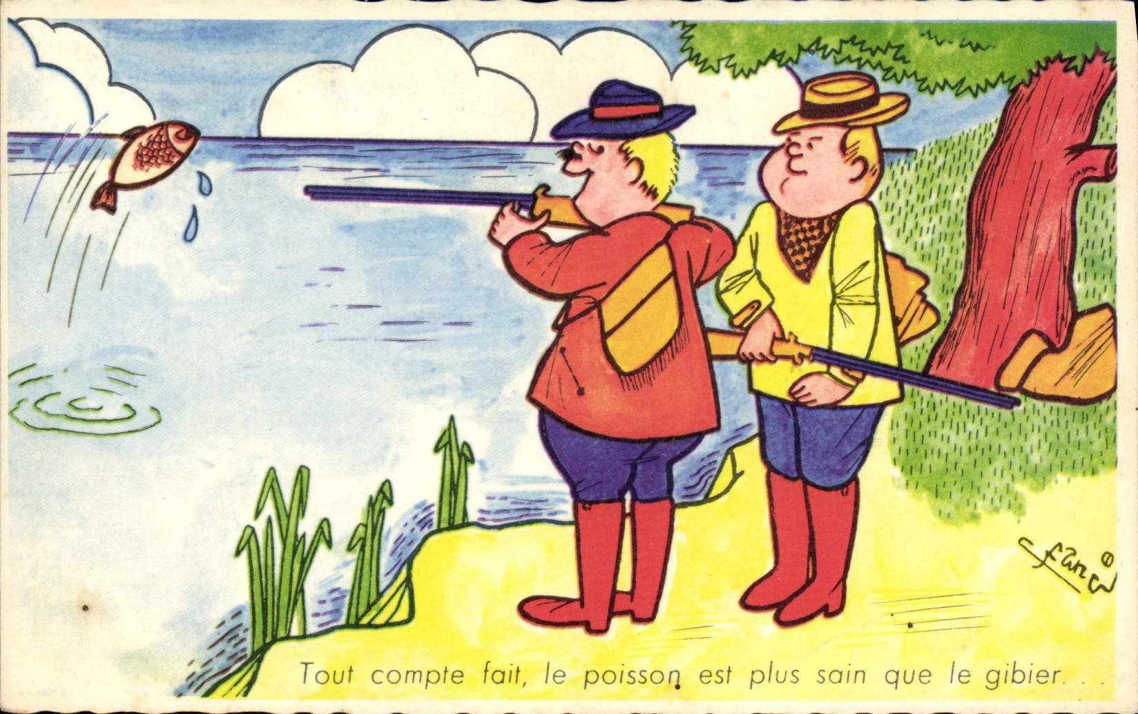 CPA Fantaisie Humour Chasse Chasseur Poisson