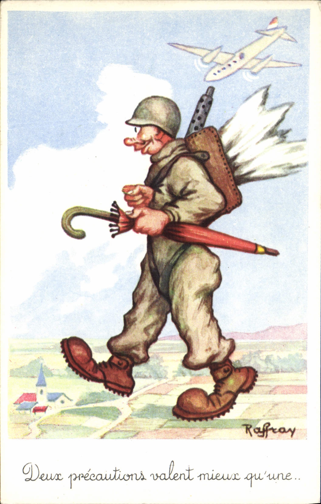 CPA Fantaisie Humour Soldat Militaria Avion
