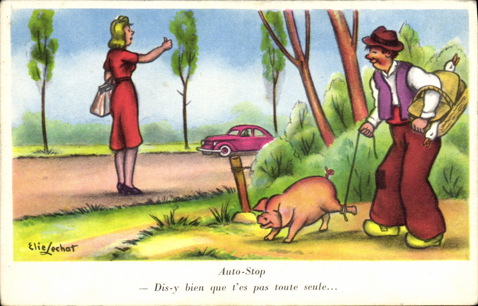 CPA Fantaisie Humour Auto stop Cochon Porc 