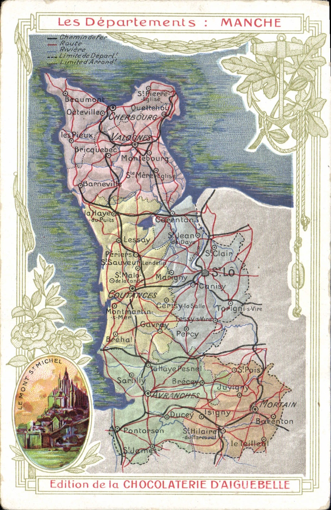 VINTAGE POSTCARD Geographical map Chocolate factory of Aiguebelle Department Handle