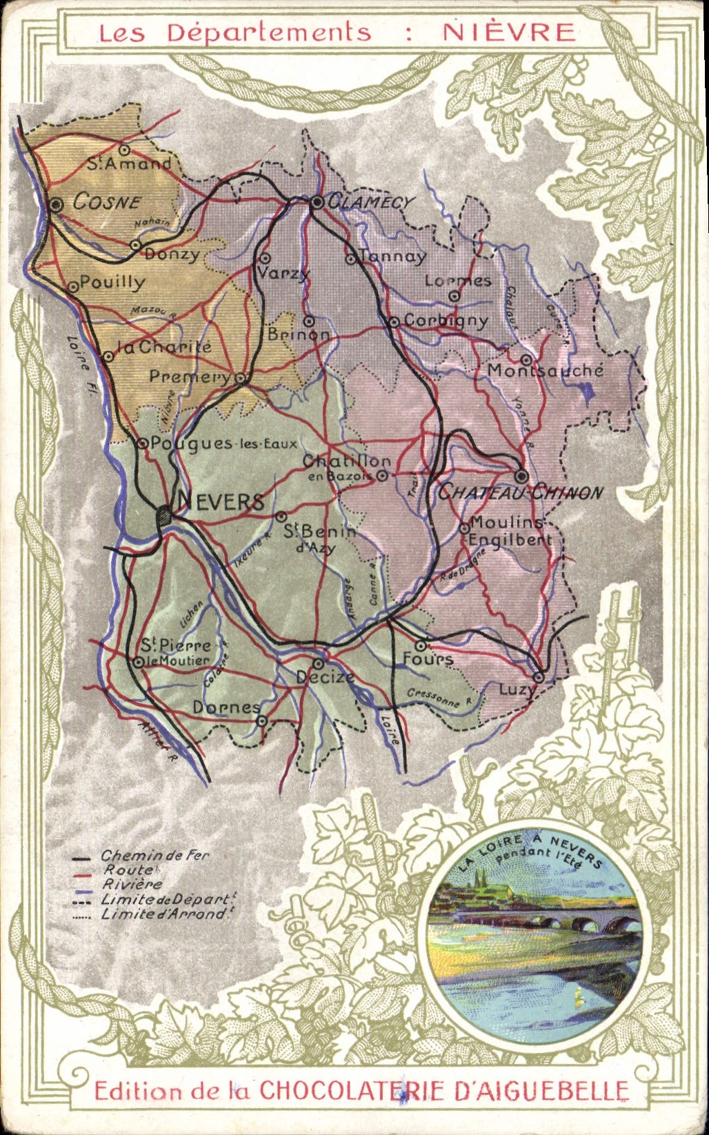 VINTAGE POSTCARD Geographical map Chocolate factory of Aiguebelle Department Nievre Nevers