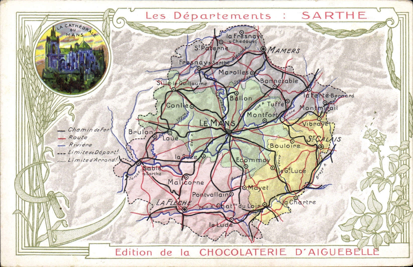 VINTAGE POSTCARD Geographical map Chocolate factory of Aiguebelle Sarthe Department Mans