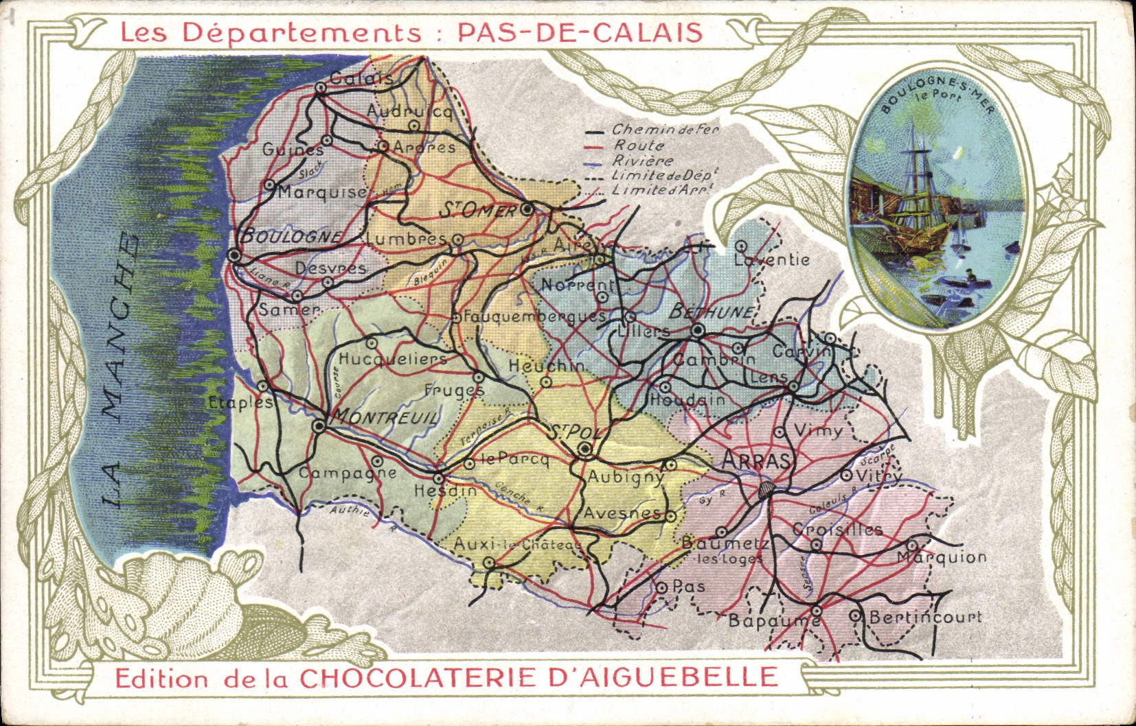 Fábrica geográfica del chocolate del mapa de la POSTAL de la VENDIMIA de Pas-de-Calais de Boulogne del departamento de Aiguebelle en el mar el puerto