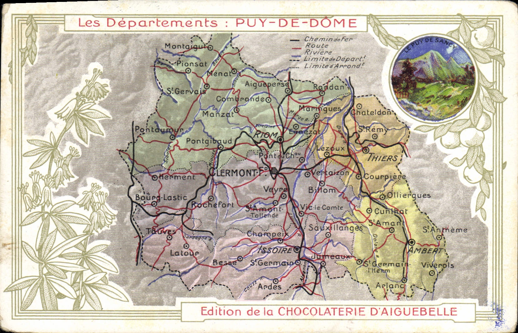 VINTAGE POSTCARD Geographical map Chocolate factory of Aiguebelle Department Puy de Dome Puy de Sancy