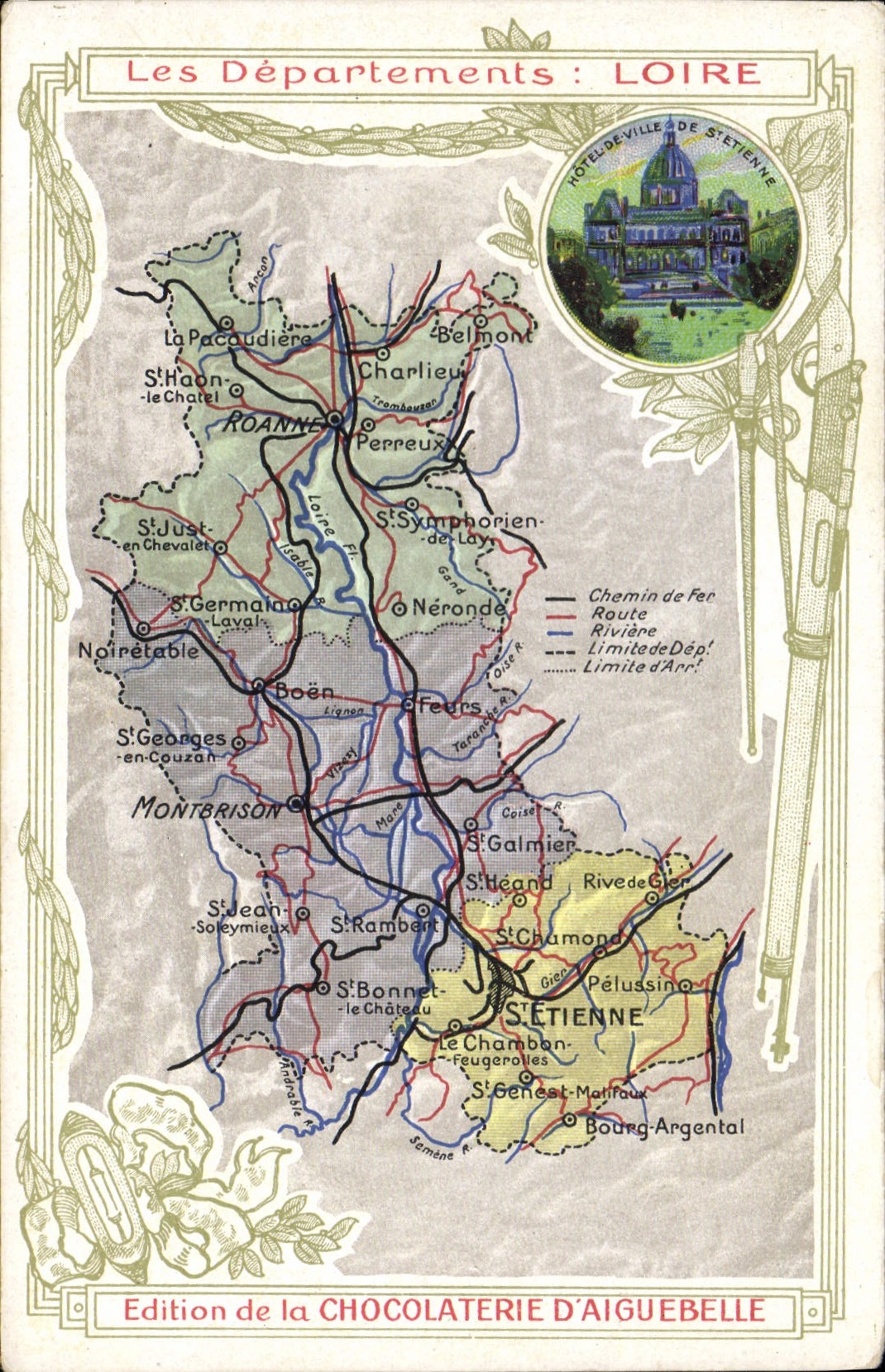 VINTAGE POSTCARD Geographical map Chocolate factory of Aiguebelle Department the Loire Town hall St Etienne