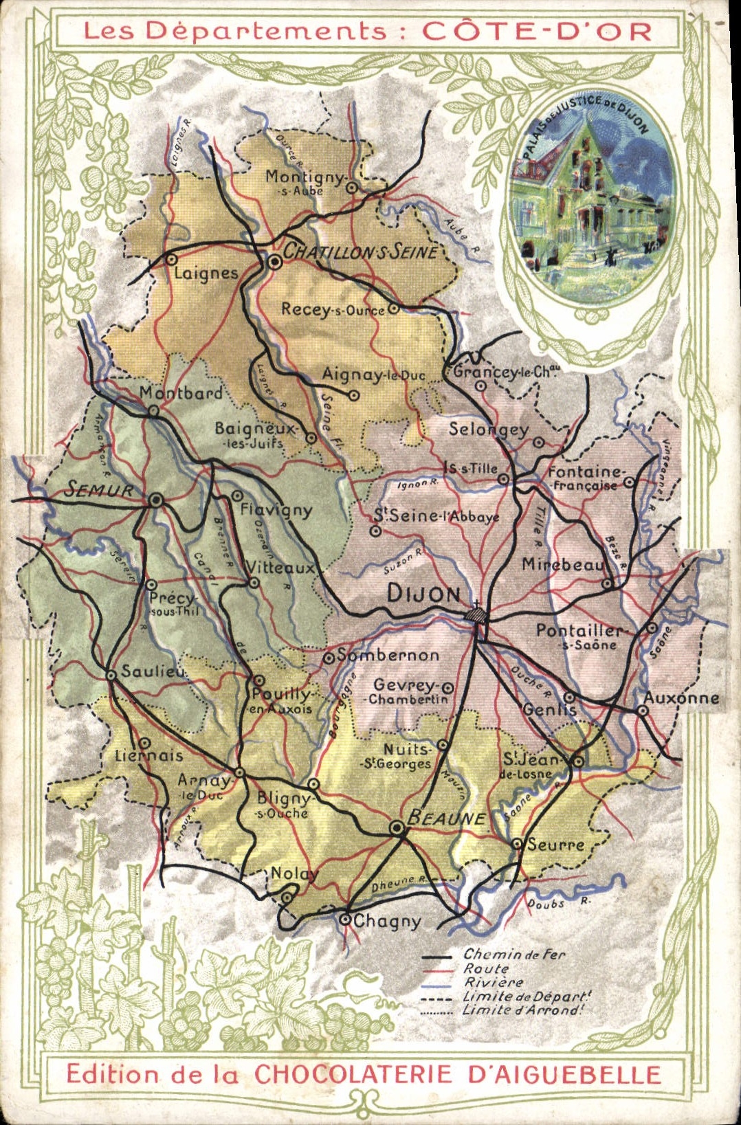 VINTAGE POSTCARD Geographical map Chocolate factory of Aiguebelle Departement Dimensions of Gold Law courts of Dijon