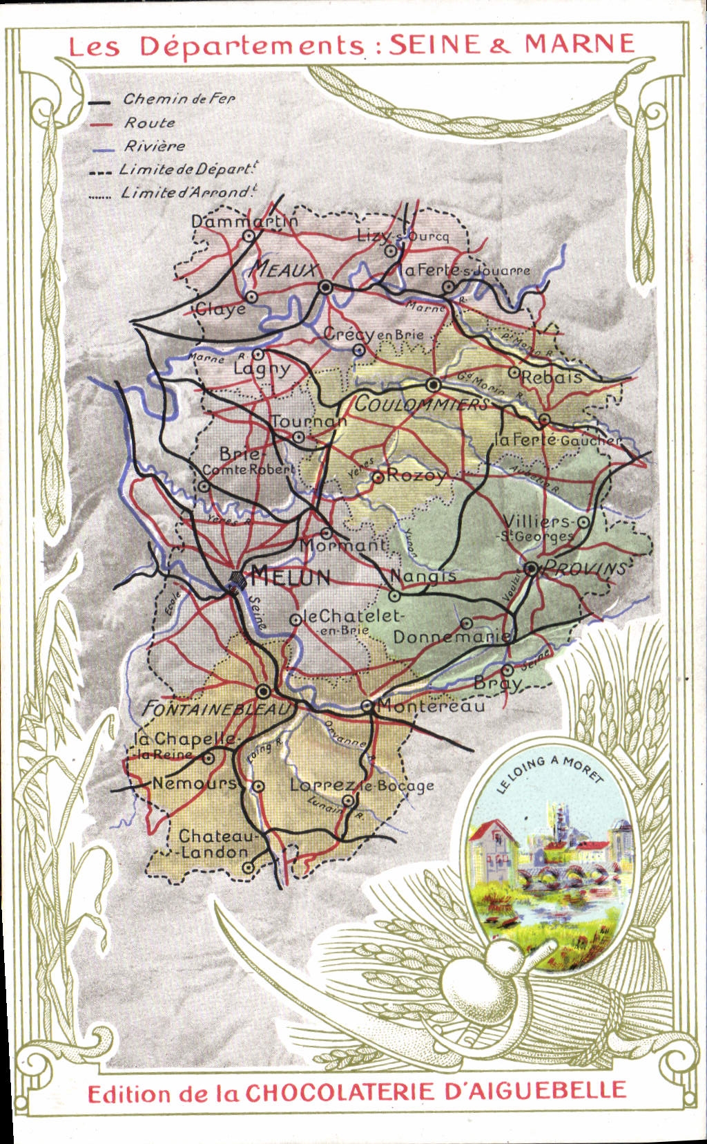 La fábrica geográfica del chocolate del mapa de la POSTAL de la VENDIMIA de departamento y de Marne Loing de Aiguebelle Seine tiene Moret