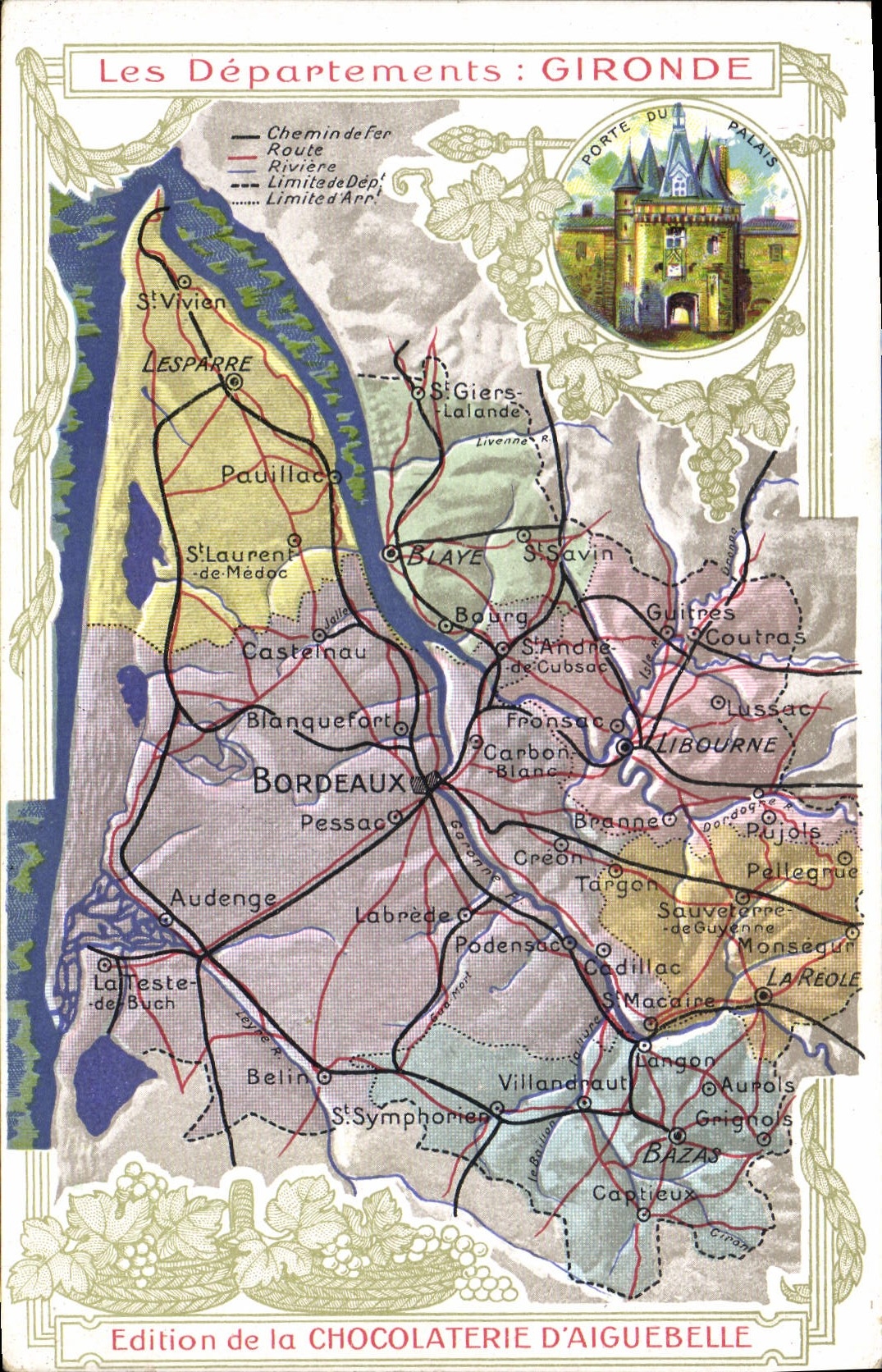 VINTAGE POSTCARD Geographical map Chocolate factory of Aiguebelle Departement the Gironde Carries palate