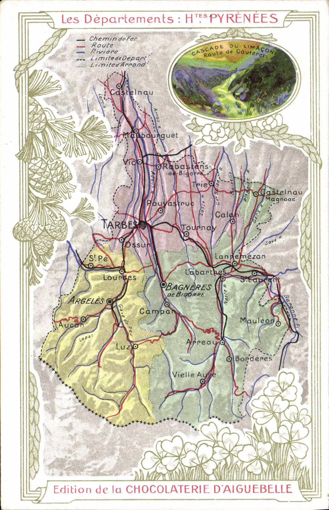 VINTAGE POSTCARD Geographical map Chocolate factory of Aiguebelle Departement the High Pyrenees Cascades of the Snail Road of Cauterets