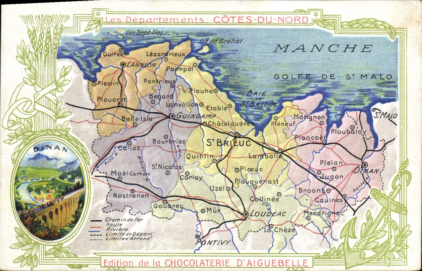 Fábrica geográfica del chocolate del mapa de la POSTAL de la VENDIMIA de dimensiones del departamento de Aiguebelle de Dinan del norte