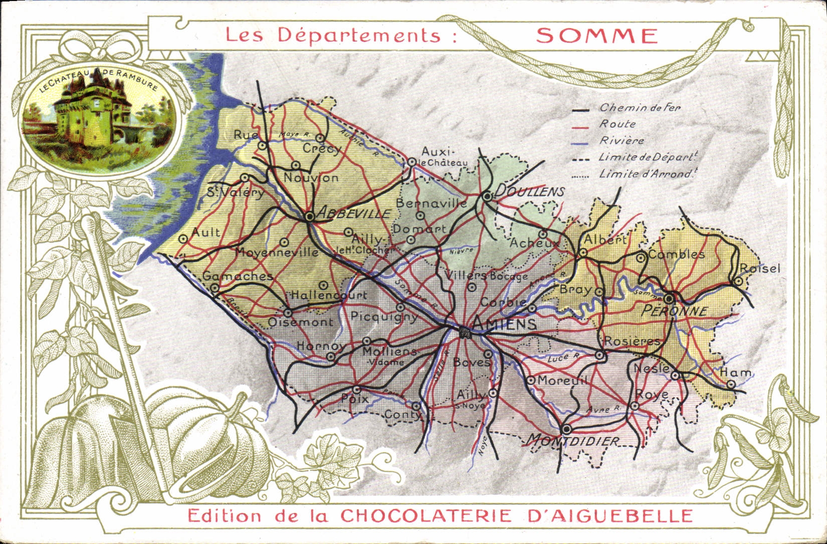 VINTAGE POSTCARD Geographical map Chocolate factory of Aiguebelle Departement Summons Castle of Rambure