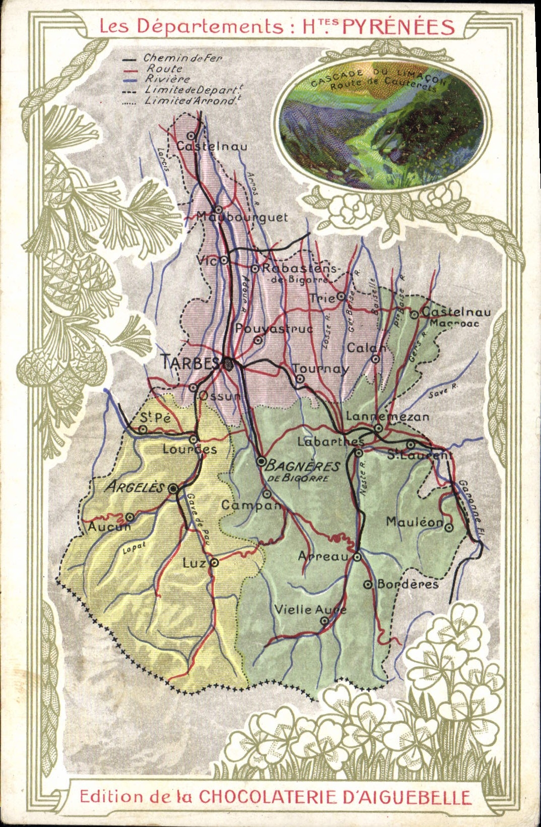 CPA Carte Geographique Chocolaterie d'Aiguebelle Departement Hautes Pyrenees Cascade du Limacon Route de Cauterets