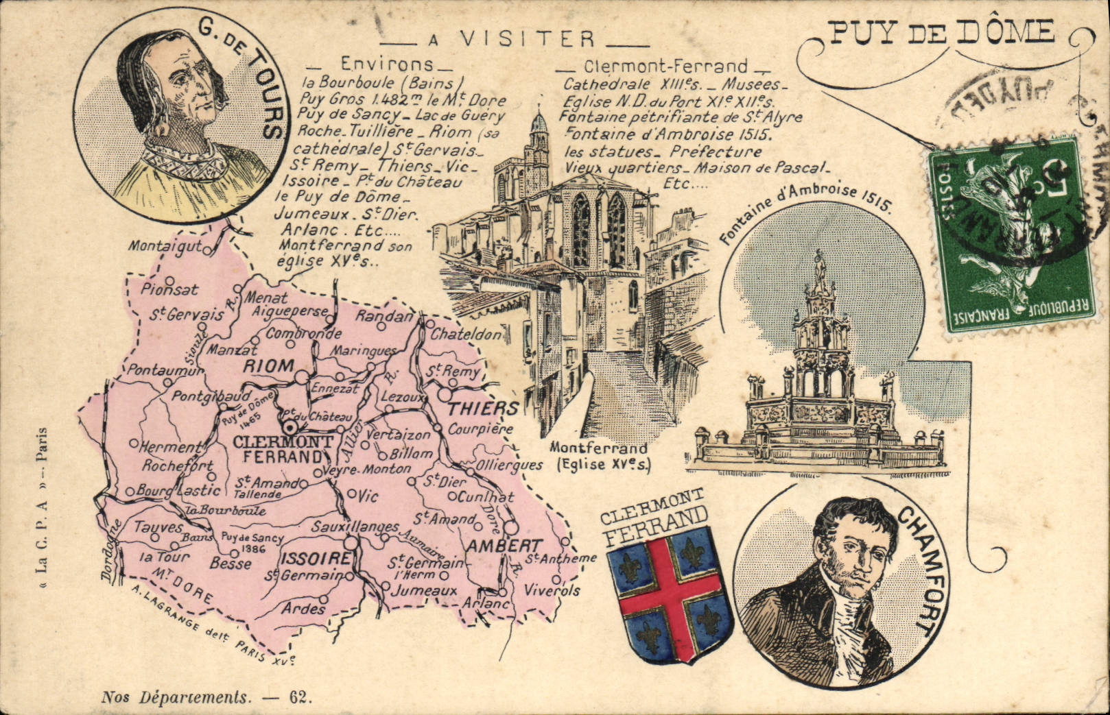 VINTAGE POSTCARD Geographical map Puy de Dome G of Tours Chamfort
