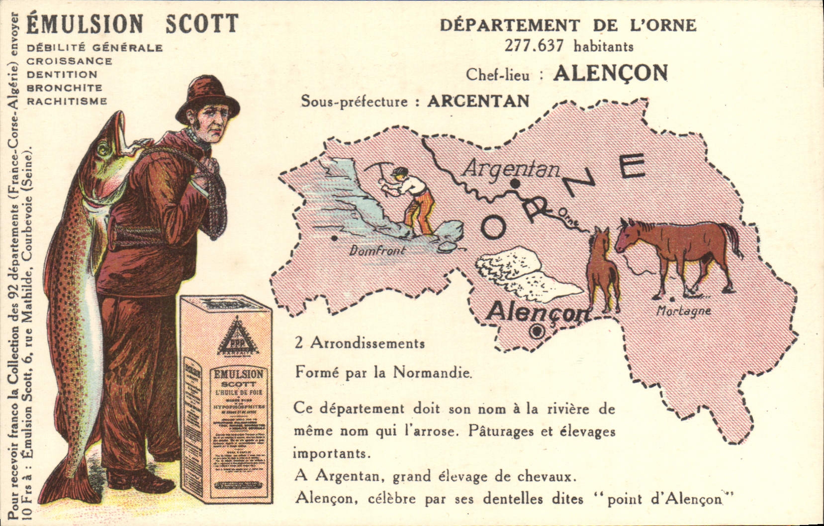 La emulsión geográfica de Scott del mapa de la POSTAL de la VENDIMIA adorna Alenzón