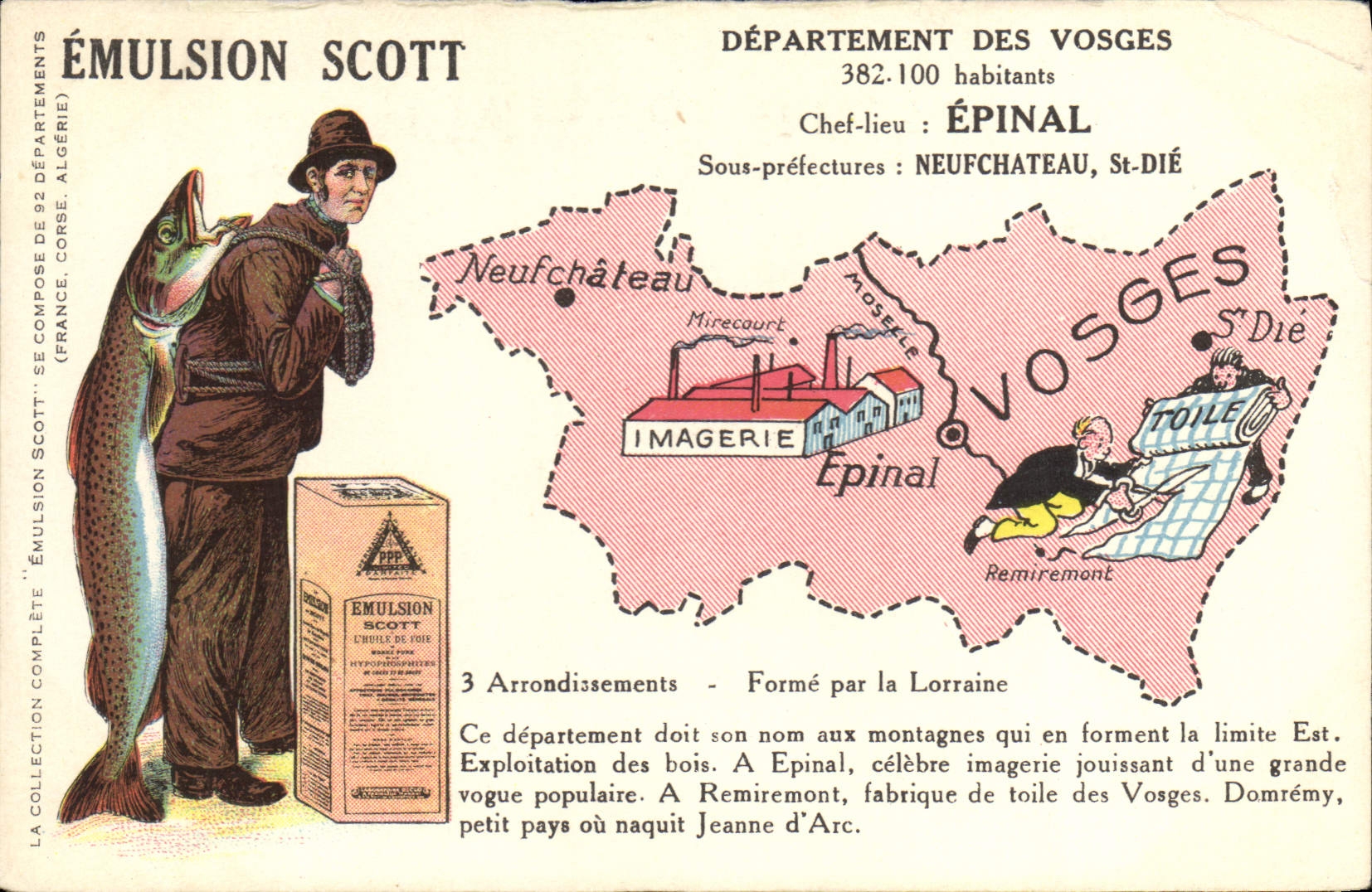 VINTAGE POSTCARD Geographical map Emulsion Scott the Vosges Epinal