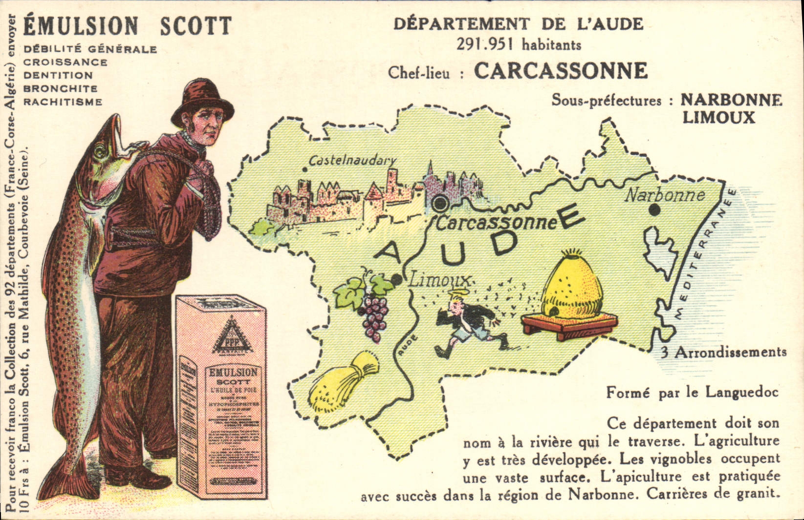 VINTAGE POSTCARD Geographical map Emulsion Scott Aude Carcassonne