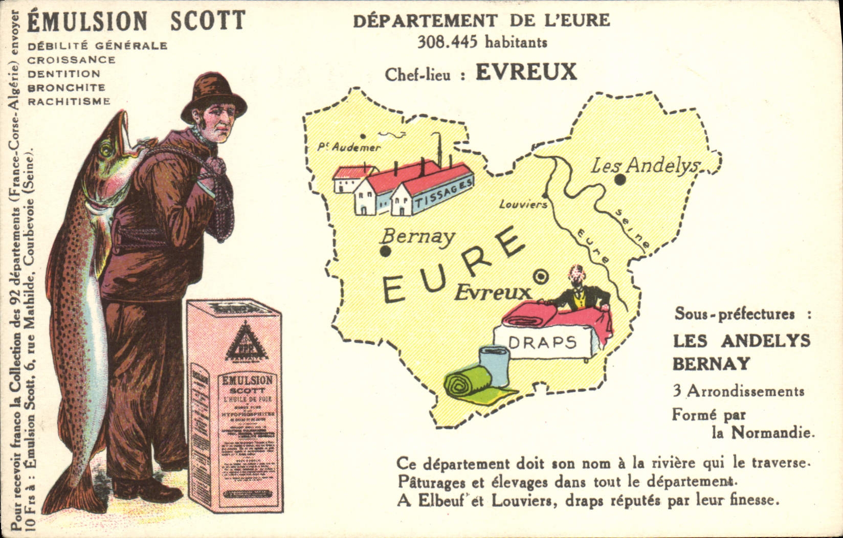 VINTAGE POSTCARD Geographical map Emulsion Scott the Eure Evreux