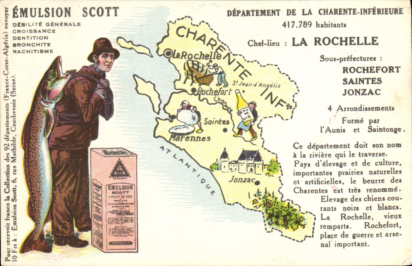 VINTAGE POSTCARD Geographical map Emulsion Scott Charente Lower La Rochelle